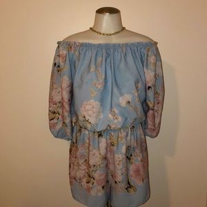 Off Shoulder Baby Blue Floral Romper